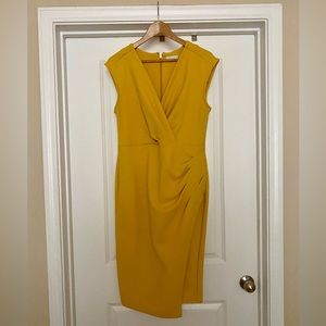 New York & Company golden/mustard faux wrap midi dress, size L